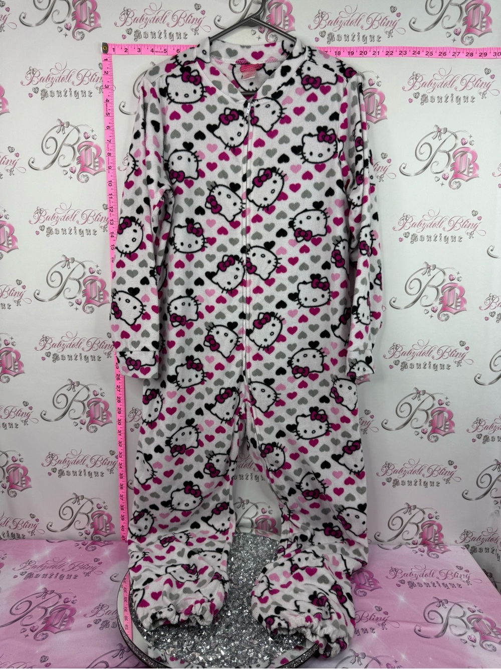 Hello Kitty onesie one piece 2013 fleece Pink & White Heart Plush jogger Pajamas